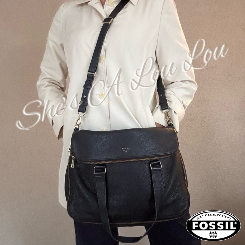 Fossil Preston, large expandable, cow hide Leather Crossbody Satchel in black